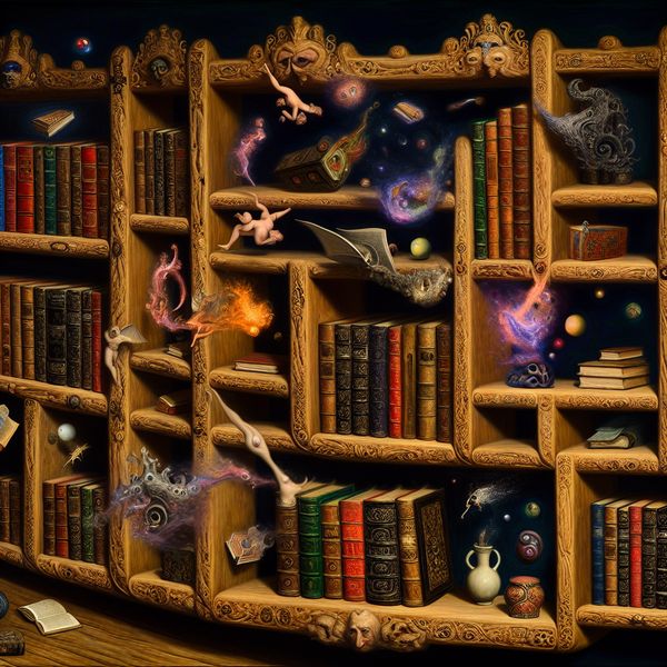 Surrealistische boekenverzameling op een houten plank Een surrealistische afbeelding van een houten boekenkast vol kleurrijke en bizarre boeken in een fantasierijke omgeving.