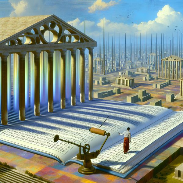 Surrealistische Beeld van Boekhouding en Organisatie Surrealistisch hyper-realistisch beeld van een persoon die werkt aan een groot boekhoudkundig ledger, met een imposante architecturale structuur op de achtergrond.
