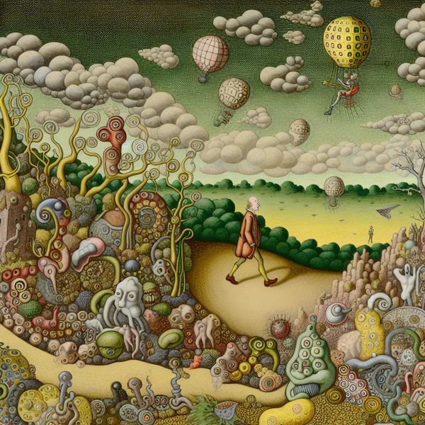 Surrealistische scène in de stijl van Jheronimus Bosch met een mysterieuze wandelende figuur op de achtergrond