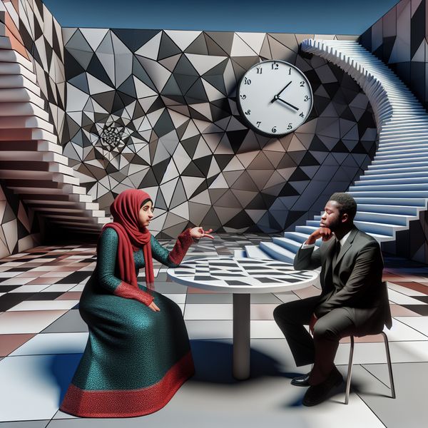 Surrealistisch tafereel met botte communicatie tussen twee personen Surrealistisch tafereel met twee personen aan een ronde tafel, de eerste wijst naar een grote klok terwijl de tweede teleurgesteld kijkt