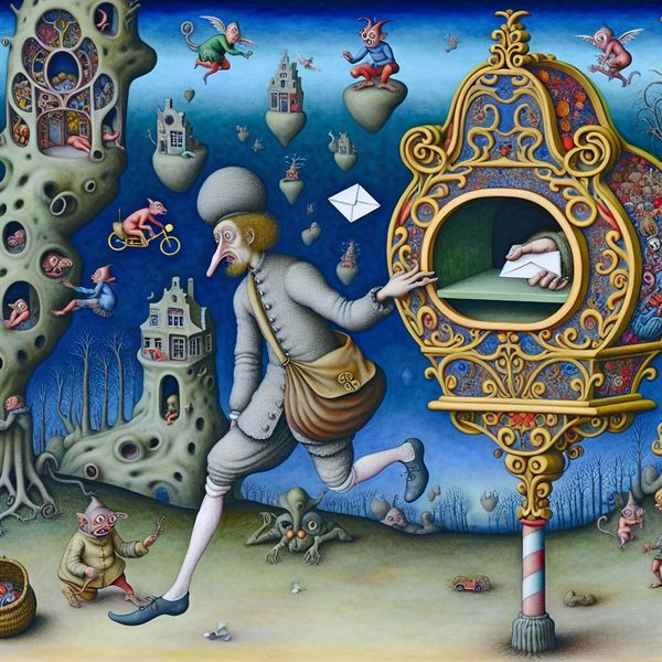 Surrealistische brievenbus scène: post versturen in een droomwereld Surrealistische brievenbus in de stijl van Hieronymus Bosch met middeleeuwse persoon die een brief post en een vogelachtige postbode die wacht