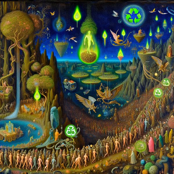 Surrealistische campagne voor milieubewustzijn en duurzaamheidsdoelen Surrealistisch tafereel in de stijl van Hieronymus Bosch dat een campagne voor milieubewustzijn beoogt, met symbolische figuren en natuurlijke elementen die een groen doel nastreven