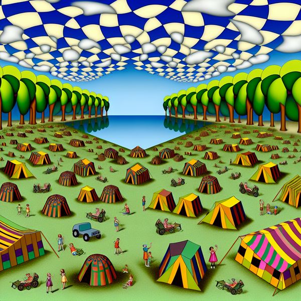 Surrealistische Camping in Escher-stijl Surreële camping scene met opvallende tenten en caravans in de stijl van M.C. Escher, met geometrische patronen en een zee op de achtergrond.