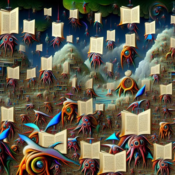 Surrealistische classificatie met bizarre wezens geïnspireerd door Bosch Surreële scène geïnspireerd door Hieronymus Bosch met bizarre wezens in een fantastische landschap, omringd door vreemde documentelementen.