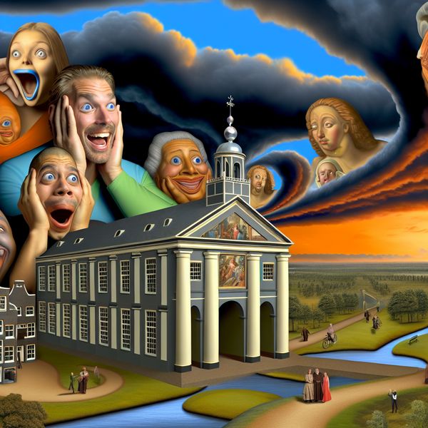Surrealistische climax in een verhaal Een surrealistisch en hyper-realistisch tafereel met een monumentaal gebouw en grote, expressieve personages, die emotionele reacties op de narratieve climax tonen.