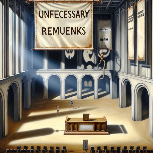 Surrealistische Leeg Collegezaal met Banner 'Onnodige Opmerkingen' Een surrealistische afbeelding van een lege collegezaal met een banner 'Onnodige Opmerkingen', een elegant podium wordt uit elkaar gehaald.