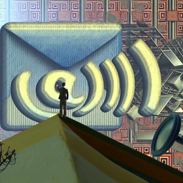 Verrassende communicatie: De betekenis van toon in digitale berichten Persoon met een kritische uitdrukking die naar een grote e-mail icoon reikt, omgeven door geometrische patronen en optische illusies, geïnspireerd door M.C. Escher.