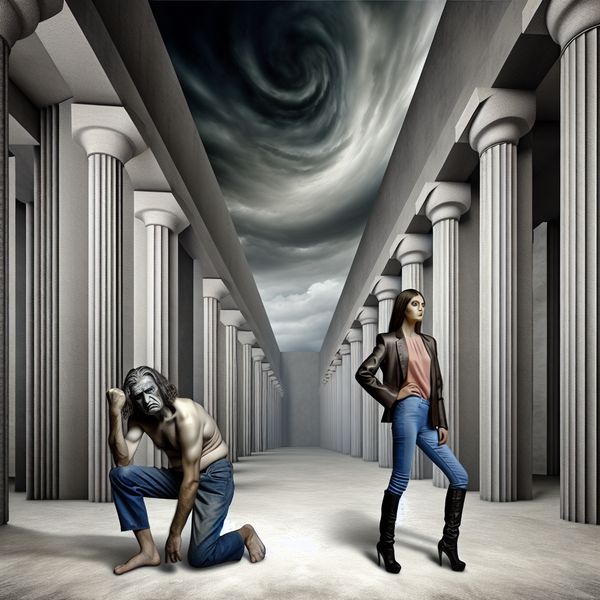 Surrealistisch tafereel van een competitie tussen twee figuren in een majestueuze maar strenge architecturale setting