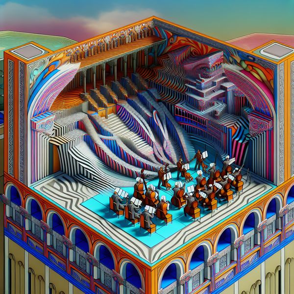 Surrealistische Concertzaal: Een Visueel Feest voor Muzikanten Surrealistisch en geometrisch geïnterpreteerde concertzaal met muzikanten en hun instrumenten in onmogelijke paden.