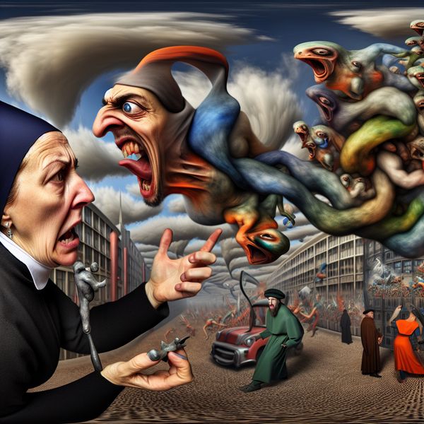 Surrealistische confrontatie van woede en agressie Furious woman shouting in chaotic urban environment, holding a strange object