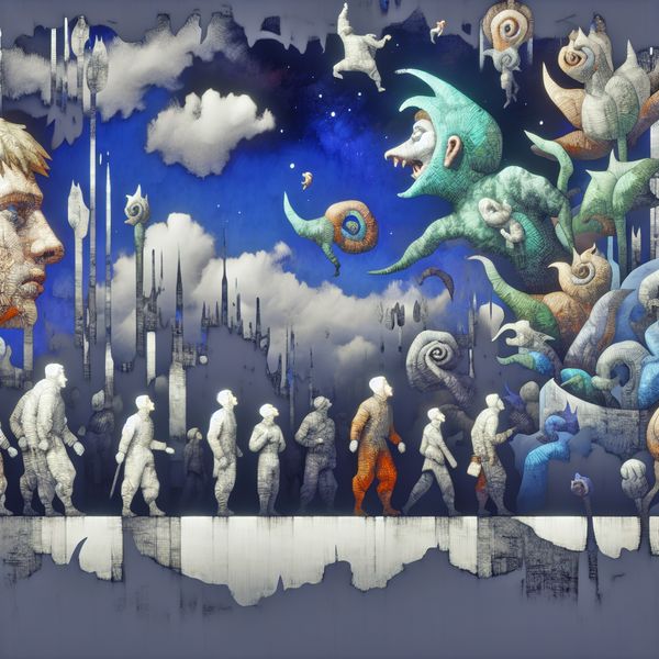 Een grote, zelfverzekerde figuur staat vastberaden in een surrealistisch landschap, omringd door bizarre wezens die verschillende vormen van kritiek vertegenwoordigen.