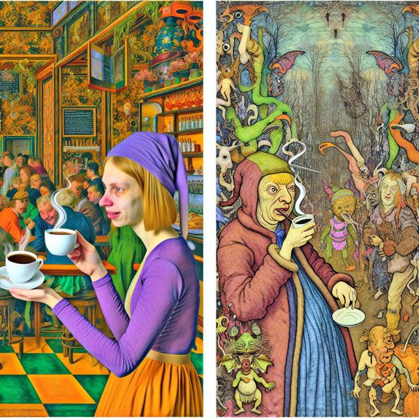Contrasterende Scene: Koffie en Thee in Surrealistisch Landschap Een surrealistisch landschap met een vrouw in een café genietend van koffie aan de ene kant en aan de andere kant grimmend bij een kop thee.