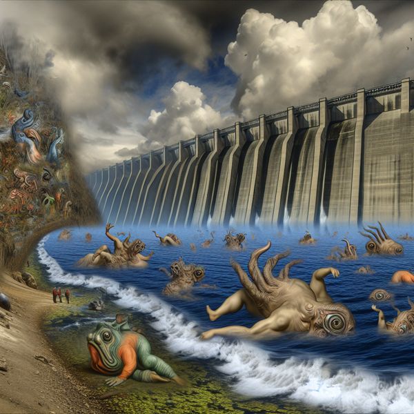 Surrealistische Dam en Verhoging van Waterniveau Surrealistische afbeelding van een dam in een rivier met bizarre wezens en een verhoogd waterniveau