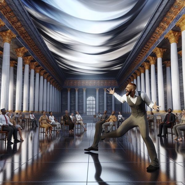 Man spreekt gepassioneerd in een imposante debatzaal met surrealistische architectuur