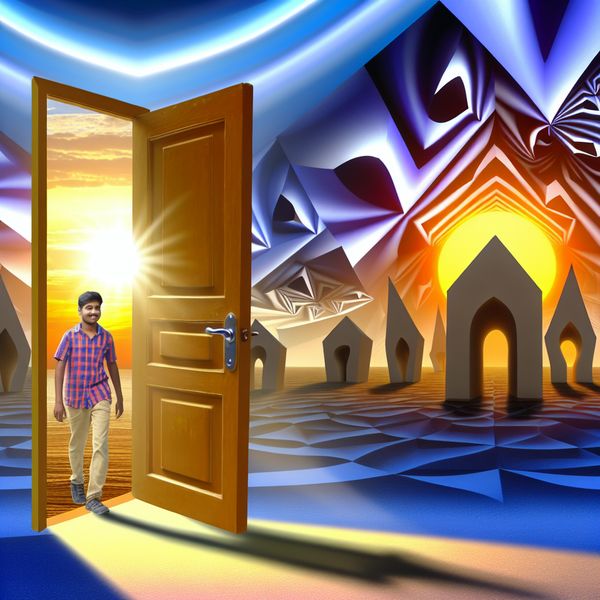Surrealistische afbeelding van gelijktijdige acties met M.C. Escher-inspiratie Surrealistische afbeelding van een open deur met een persoon die passeert bij zonsondergang, omgeven door geometrische patronen en onmogelijke gebouwen.