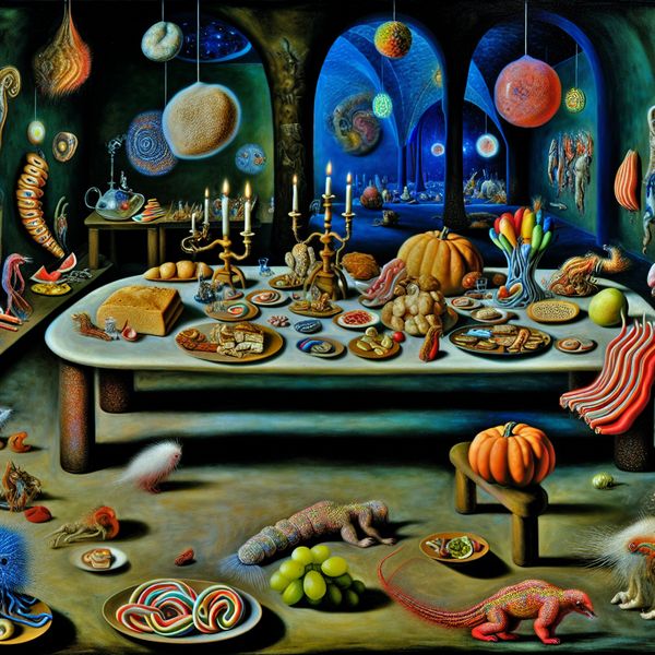 Surrealistische dinertafel in een andere wereld met bizarre glutenvrije gerechten.