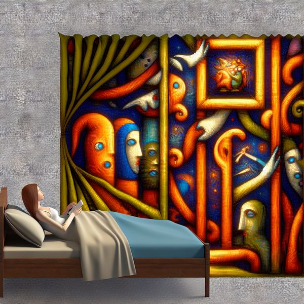 Een figuur slaapt vredig in een bed, omringd door bizarre wezens die door een intrikate gordijn gluren.