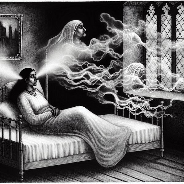 Surrealistische Droomscène van een Vrouw in Bed Een vrouw ligt in bed tussen slaap en wakker zijn, omgeven door een vage mist en schaduwen.
