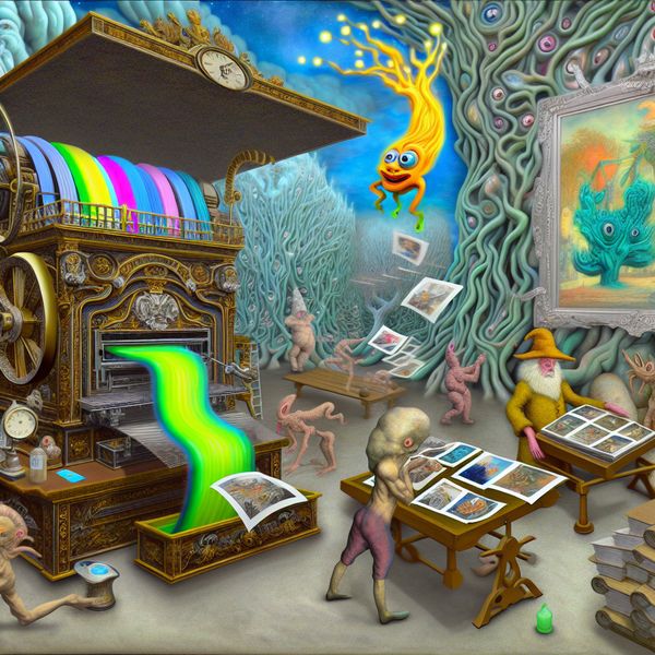 Surrealistische drukkerij voor taal leren Een surrealistische drukkerijscène met een majestueuze drukpers en vreemde wezens die betrokken zijn bij het afdrukken van kleurrijke afbeeldingen.