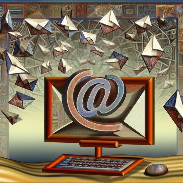 Een surrealistische afbeelding van een computer scherm met een e-mail interface in M.C. Escher stijl, met zwevende enveloppen en geometrische vormen.