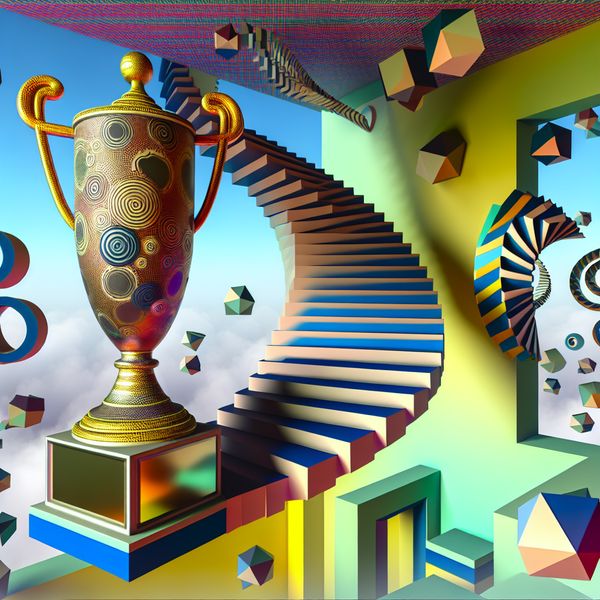 Surrealistische eerste prijs beker van M.C. Escher stijl Surrealistisch geometrisch kunstwerk van een grote eerste prijs beker die 'belangrijk' symboliseert, omringd door zwevende vormen en onmogelijke trappen.
