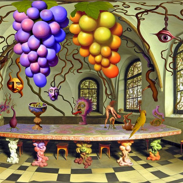 Surrealistische eetzaal met decoratieve nepgroepen Surreëel tafereel met een buitenaardse eetzaal, featuring een grote, decoratieve tafel met kleurrijke nepgroepen, omringd door vreemde wezens en fantasierijke elementen.
