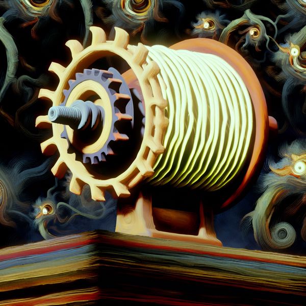 Surrealistische elektrische motor met spookachtige wezens Surrealistische afbeelding van een grote elektrische motor met een centrale spool, omringd door bizarre wezens in de stijl van Hieronymus Bosch.