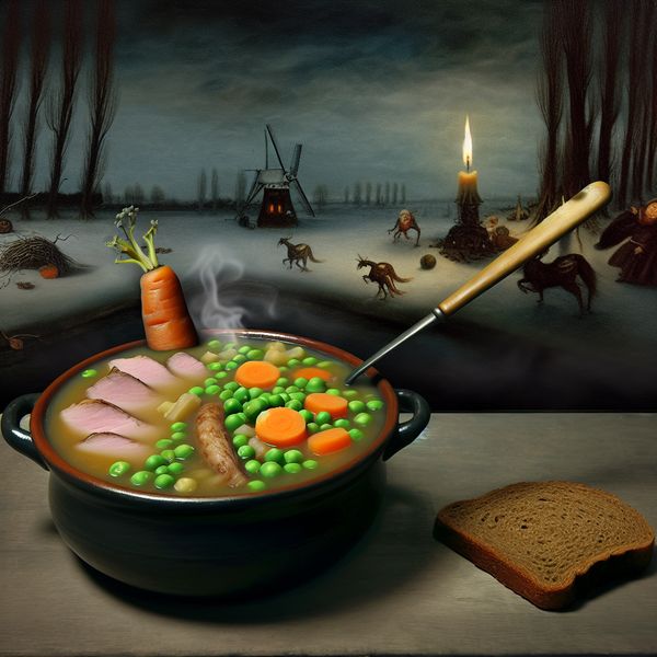 Surrealistische voorstelling van een kom dikke Nederlandse erwtensoep met roggebrood, rookvlees en fantasiewezens in de stijl van Jheronimus Bosch