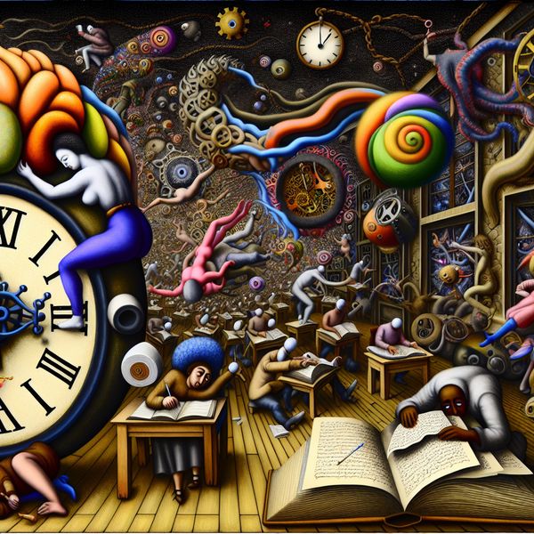 Surrealistische afbeelding van inspanning bij examenstudie Surrealistisch examenruimte met studenten en bizarre wezens, die het concept van inspanning en studeren voor het examen illustreren.