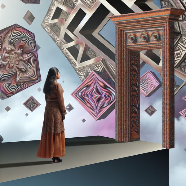 Surrealistische Exit: Een Vrouw Bij een Geometrische Deur Een vrouw staat bij een intrigerende geometrische deur die een exit uit een gesprek symboliseert, omringd door onmogelijk lijkende structuren en optische illusies in de stijl van M.C. Escher.