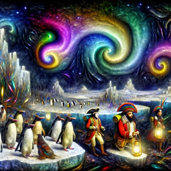 Surrealistische afbeelding van een expeditie in een onontdekt Antarctisch landschap met bizarre ijsformaties, kleurenvolle pinguïns en ontdekkingsreizigers