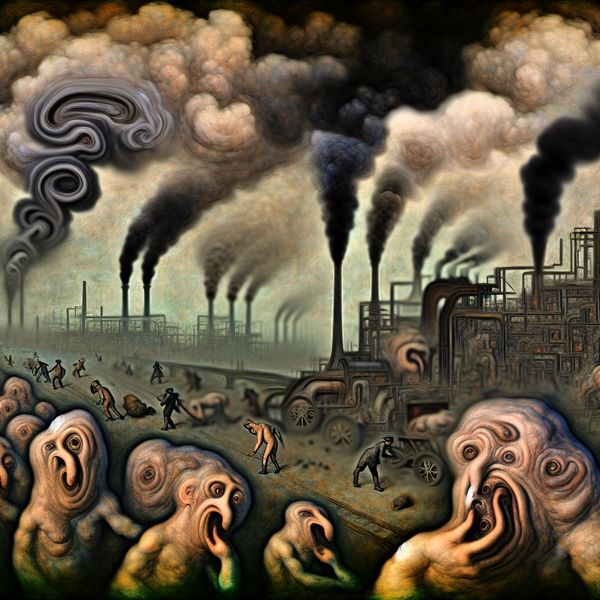 Surrealistische afbeelding van een vervuilde fabriek in de stijl van Bosch Surrealistische fabrieksscène met groteske wezens die distressed kijken naar vervuilde lucht en rook