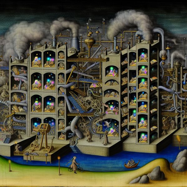 Surrealistische fabrieksschool: productie van kennis en succes in Bosch-stijl Surrealistisch fabrieksschoolgebouw in de stijl van Jheronimus Bosch, waar studenten als glanzende afgestudeerden van een lopende band rollen, symbool voor een productieve onderwijsinstelling