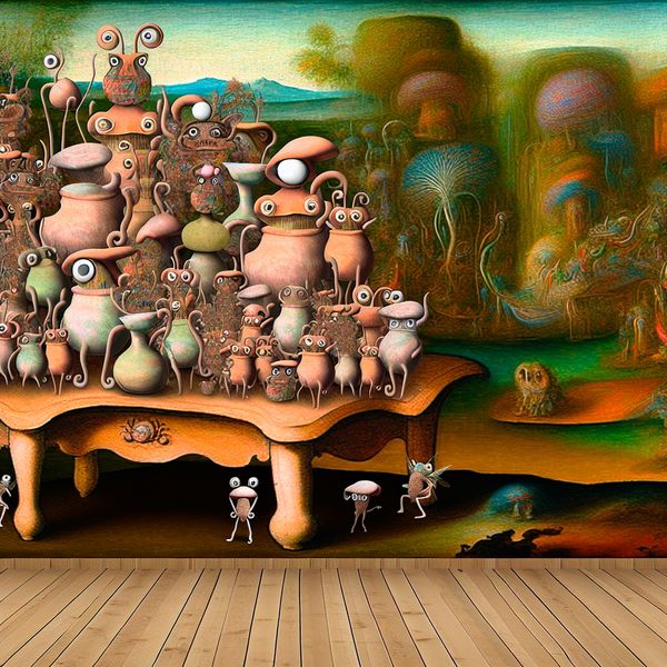 Surrealistische tafereel van schattige farootjes Een surrealistisch tafereel met een kleurrijke tafel vol bizarre en schattige 'farootjes', kleine fantasiewezen in een droomachtige omgeving.