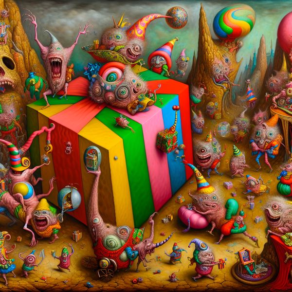 Een kleurrijke en surrealistische scène met fantasierijke wezens die vrolijk cadeaus uitwisselen op een feestelijke bijeenkomst, geïnspireerd door de stijl van Hieronymus Bosch.