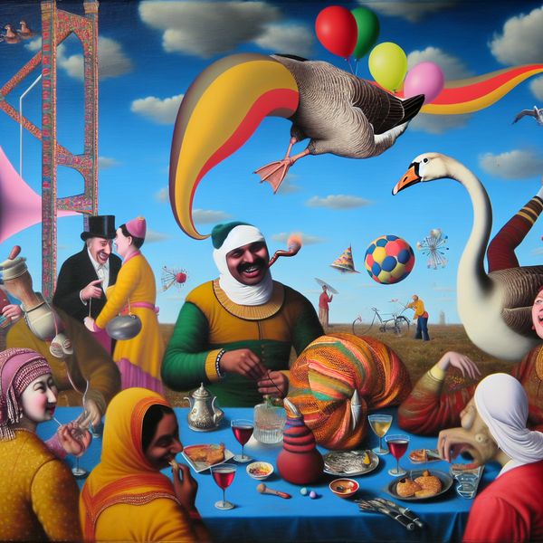 Surrealistische Feestscène met Gans Mimicry Persoon in een feestsetting, die als een gans gedraagt, omringd door lachende vrienden en kleurrijke decoraties.