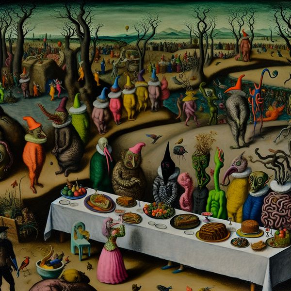 Surrealistische afbeelding van een bizarre feestscène met kleurrijke wezens en een overvloed aan voedsel, geïnspireerd door Hiëronymus Bosch.