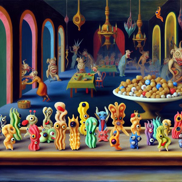 Surrealistische feesttafel met fantasievolle zoute snacks Een surrealistische feesttafel vol met fantasierijke, kleine zoute snacks in de vorm van mythische wezens.