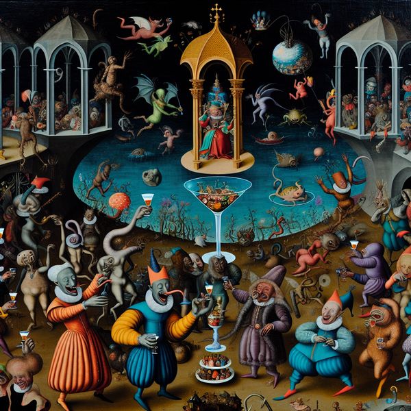 Een kleurrijke, surrealistische afbeelding van een feestelijke bijeenkomst in een fantasierijke omgeving, met gasten die proosten met kleine glazen drank.
