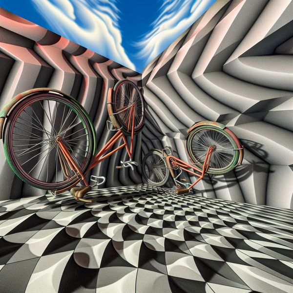 Surrealistische Fietsen in een Geometrisch Landschap Twee identieke fietsen in een surrealistisch geometrisch landschap met een vervormde muur, indrukwekkende lucht en ingewikkelde patronen op de grond.