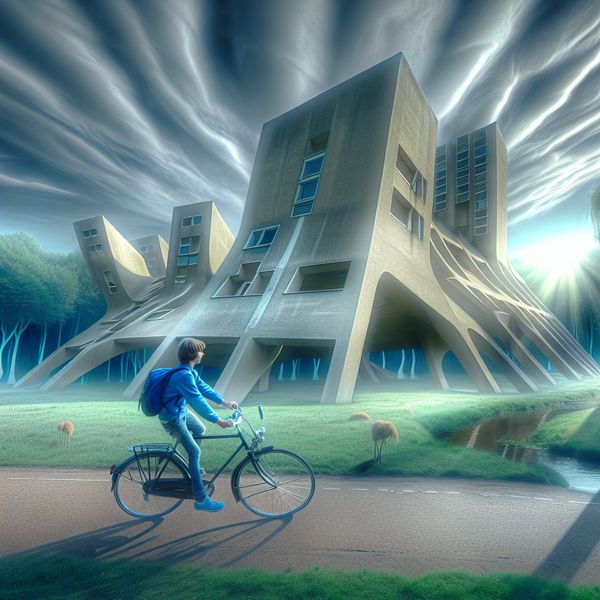 Jonge persoon fietst door surrealistisch landschap met monumentale architectuur op de achtergrond