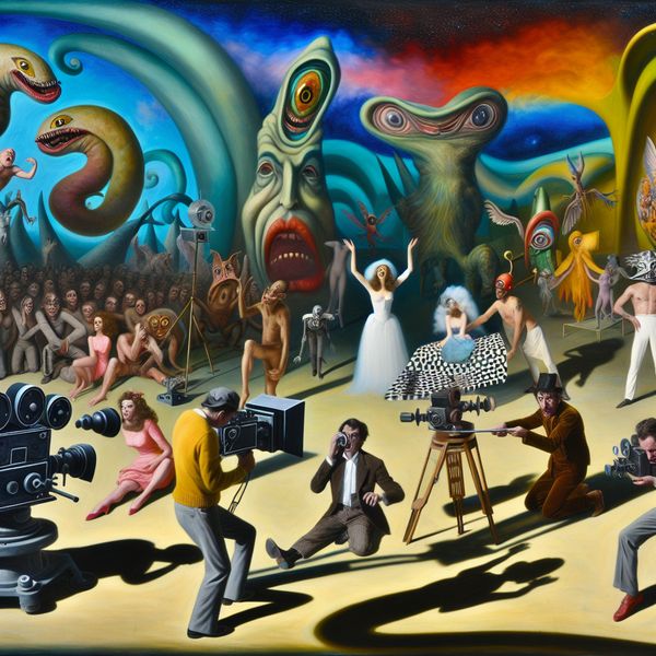 Surrealistische filmproductie met diverse acteurs en bizarre elementen Een surrealistisch scène op een filmset met diverse acteurs en actrices omringd door bizarre wezens en enorme camera's, onder een vreemde lucht.