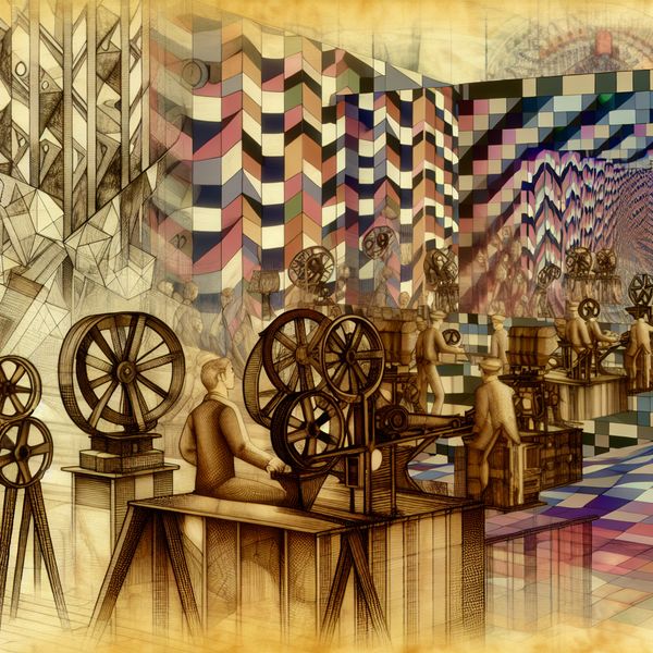 Surrealistische filmset met wetenschappers die experimenten opnemen Surrealistische filmset met wetenschappers die een experiment opnemen te midden van geometrische vormen en illusies