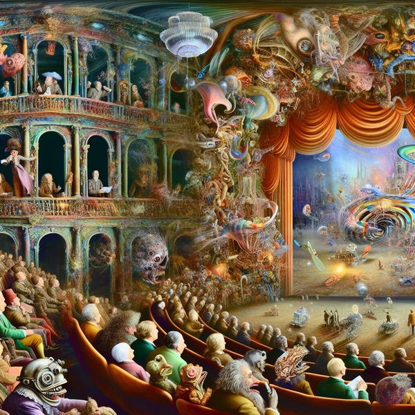 Surrealistische filmvertoning in een fantasietheater met bizarre wezens die emotionele reacties vertonen.