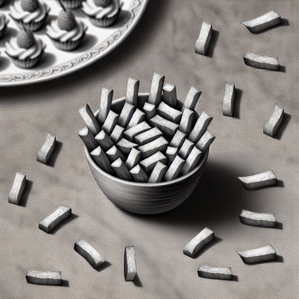 Surrealistische afbeelding van frietjes in geometrisch patroon Een surrealistische afbeelding van een klein bord met frietjes, artistiek gerangschikt in een geometrisch patroon.