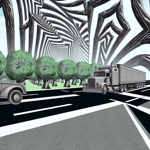 Surrealistische afbeelding van een smalle weg geblokkeerd door een vervormde vrachtwagen, omgeven door kromme bomen met chaotische wortels.