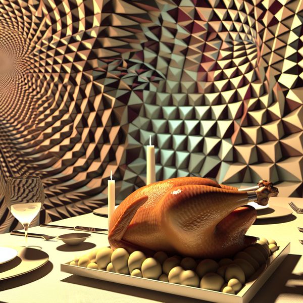 Surrealistische Gebraden Gans op Tafeltje Geïnspireerd door M.C. Escher Een surrealistisch tafereel met een majestueuze gebraden gans op een prachtig gedekte tafel, omgeven door geometrische patronen.