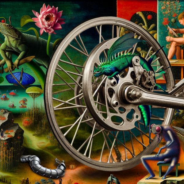 Surrealistische gebroken fiets in fantasielandschap Een surrealistisch beeld van een gebroken fiets met beschadigde wielen in een fantasierijk landschap.