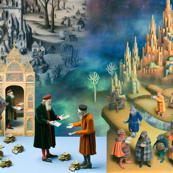 Een surrealistische scene met een landlady die huur int van bizarre bewoners, geïnspireerd door Hieronymus Bosch.