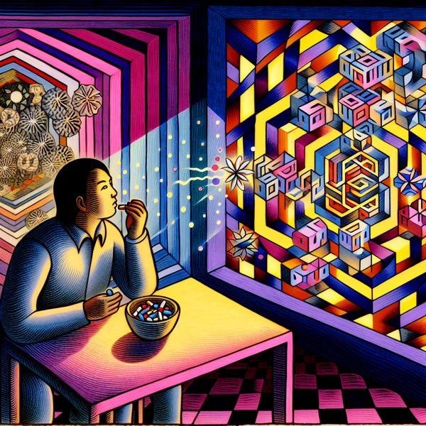 Surrealistische Genezing en Medicijngebruik Een surrealistische afbeelding van een persoon die aan een bureau zit, omringd door een doolhof van geometrische patronen en optische illusies, terwijl hij medicijn neemt te midden van onmogelijke structuren die ziekten symboliseren en transformeren in levendige bloemen.
